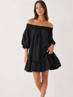 Maeve by Anthropologie Black Flounced Off-The-Shoulder Mini Dress Sz S Boho LBD